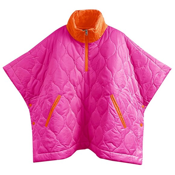 Pink & Orange Quilted Short Sleeves High Neck Puffer Pullover Poncho. - Picture 1 of 3